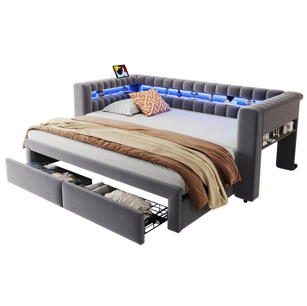 Divano letto estraibile in velluto grigio con cassetti e luci