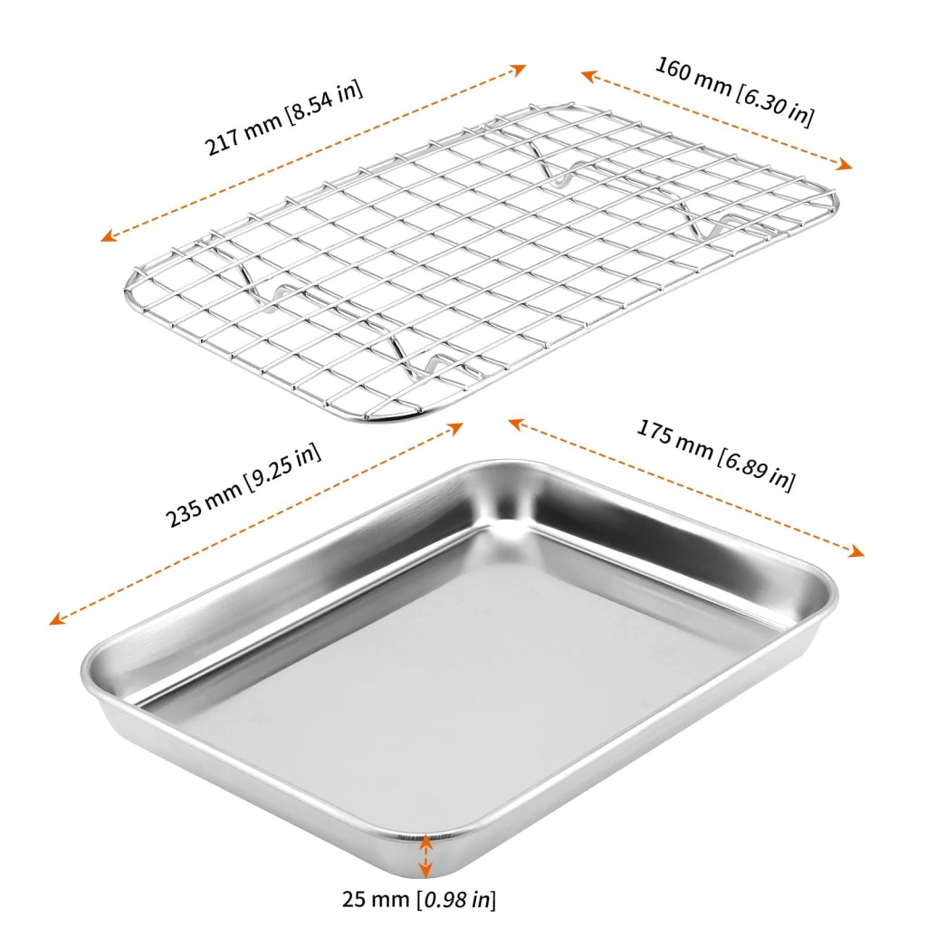 Set di teglie da forno con griglia, 2 pezzi, acciaio inossidabile, 23,5 x 17,5 x 2,5 cm