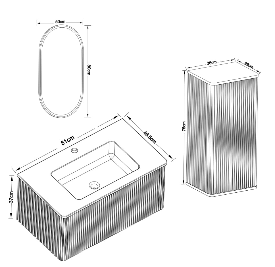Set mobili bagno sospesi con lavabo in pietra acrilica, mobile laterale e specchio LED regolabile, 80 cm, bianco opaco