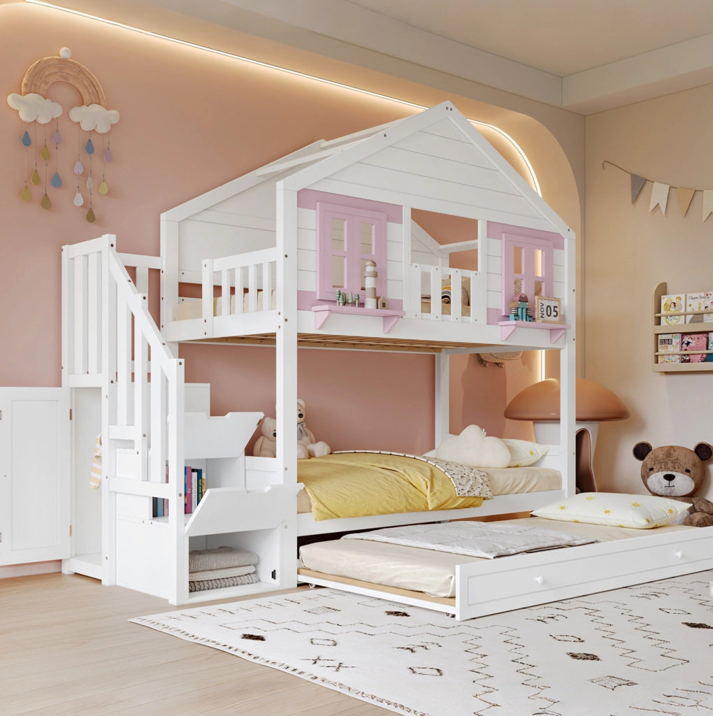 Letto a castello per bambini 90x200 cm con letto estraibile; pino e MDF; bianco e rosa