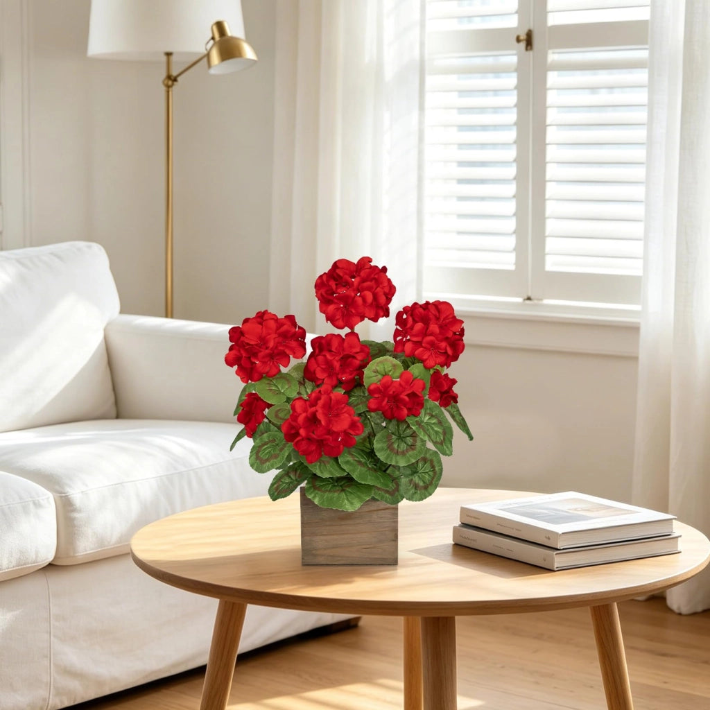 Geranio rosso artificiale in vaso di legno, altezza 40 cm, fiore di seta