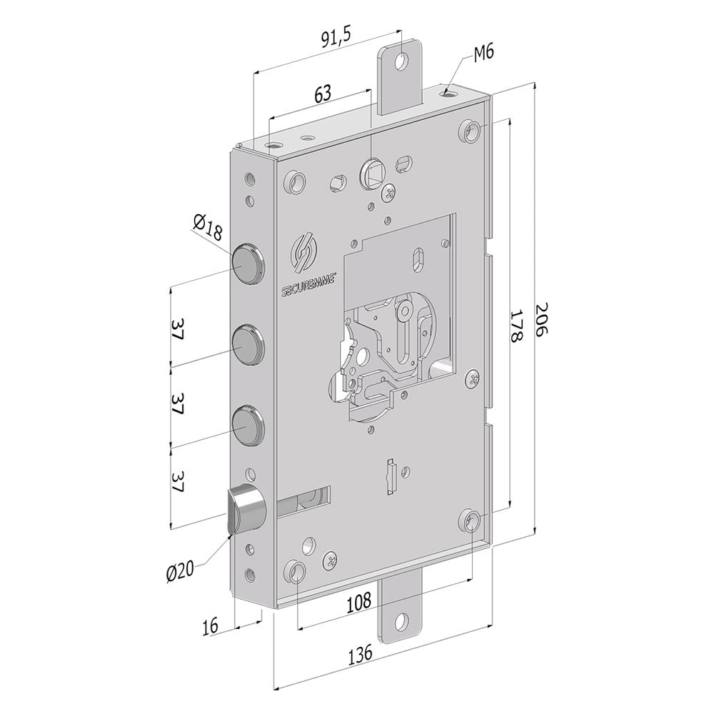 SERRATURA DA APPLICARE TRIPLICE PER PORTE BLINDATE SENZA NUCLEO '250' interasse pistoni 28 mm  - SX