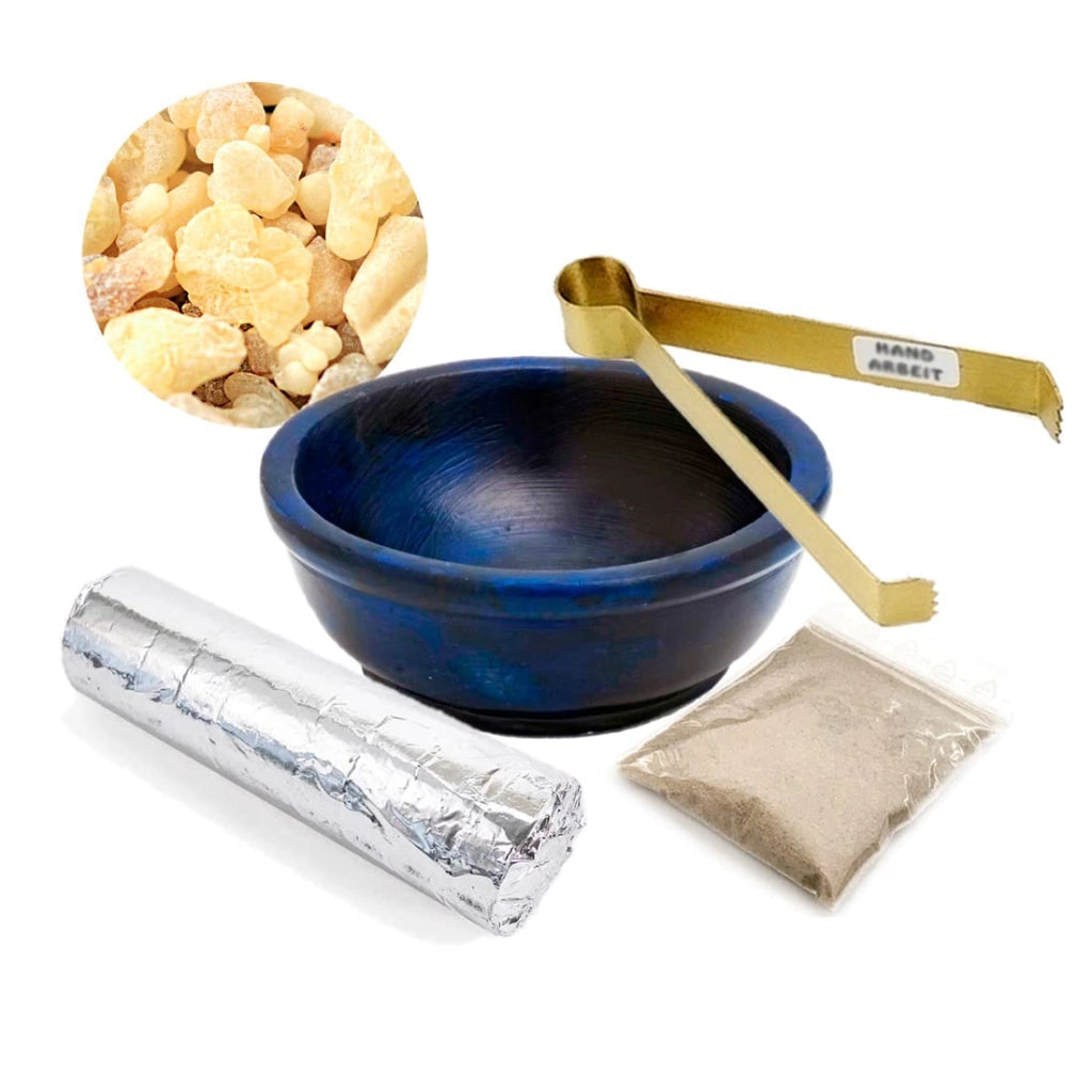 Set per l'incenso, completo di contenitore, 50g di incenso, carbone e pinzette