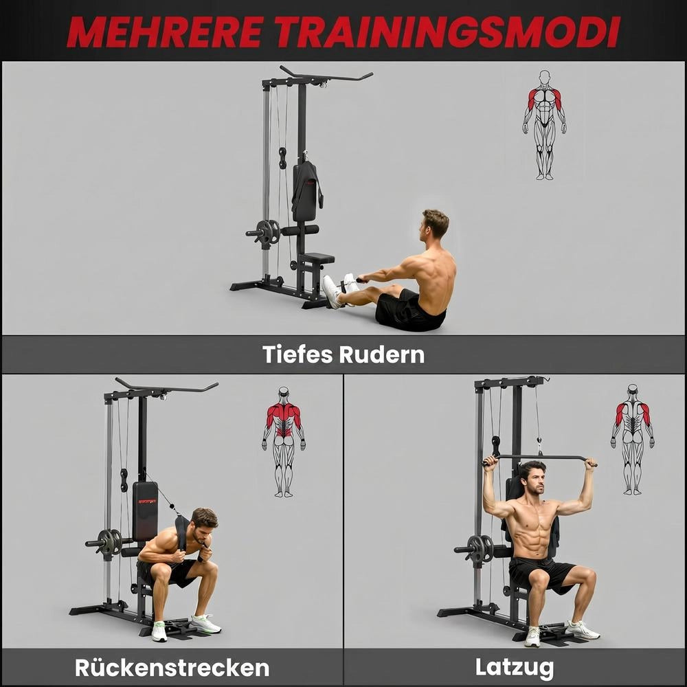 Stazione multifunzione lat machine per casa, attrezzo fitness in acciaio ed ecopelle per trazioni e rematore, regolabile e robusto, nero