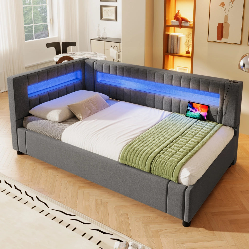 Divano letto 90x200 cm in lino grigio con LED, porta USB + Type-C e contenitore idraulico, senza materasso