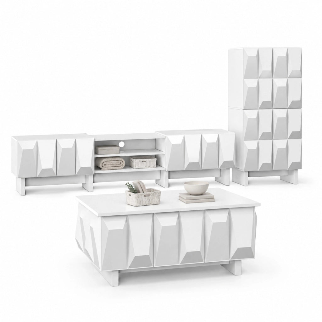 Set di mobili da soggiorno bianco con frontali 3D, 3 pezzi