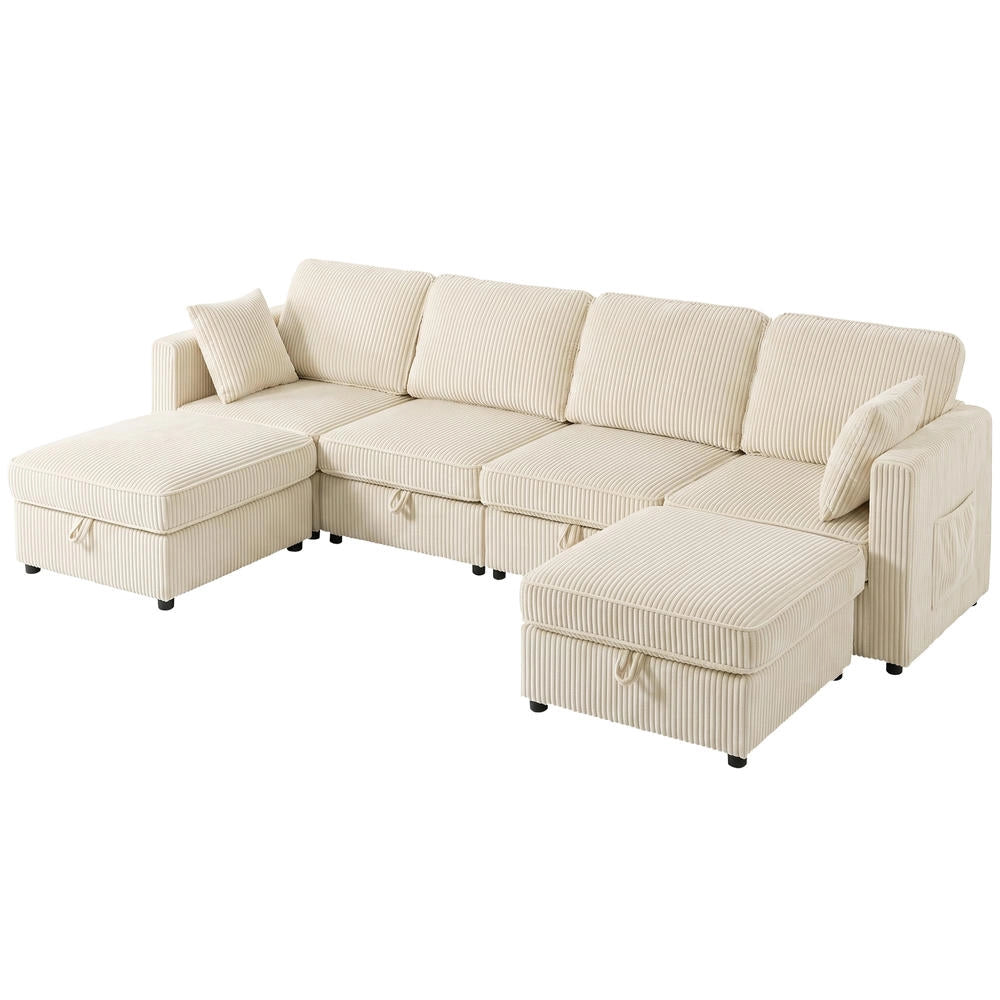 Divano angolare modulare a U 306 cm, 4 posti con 2 pouf contenitore e 4 cuscini, velluto a coste crema, salvaspazio per casa