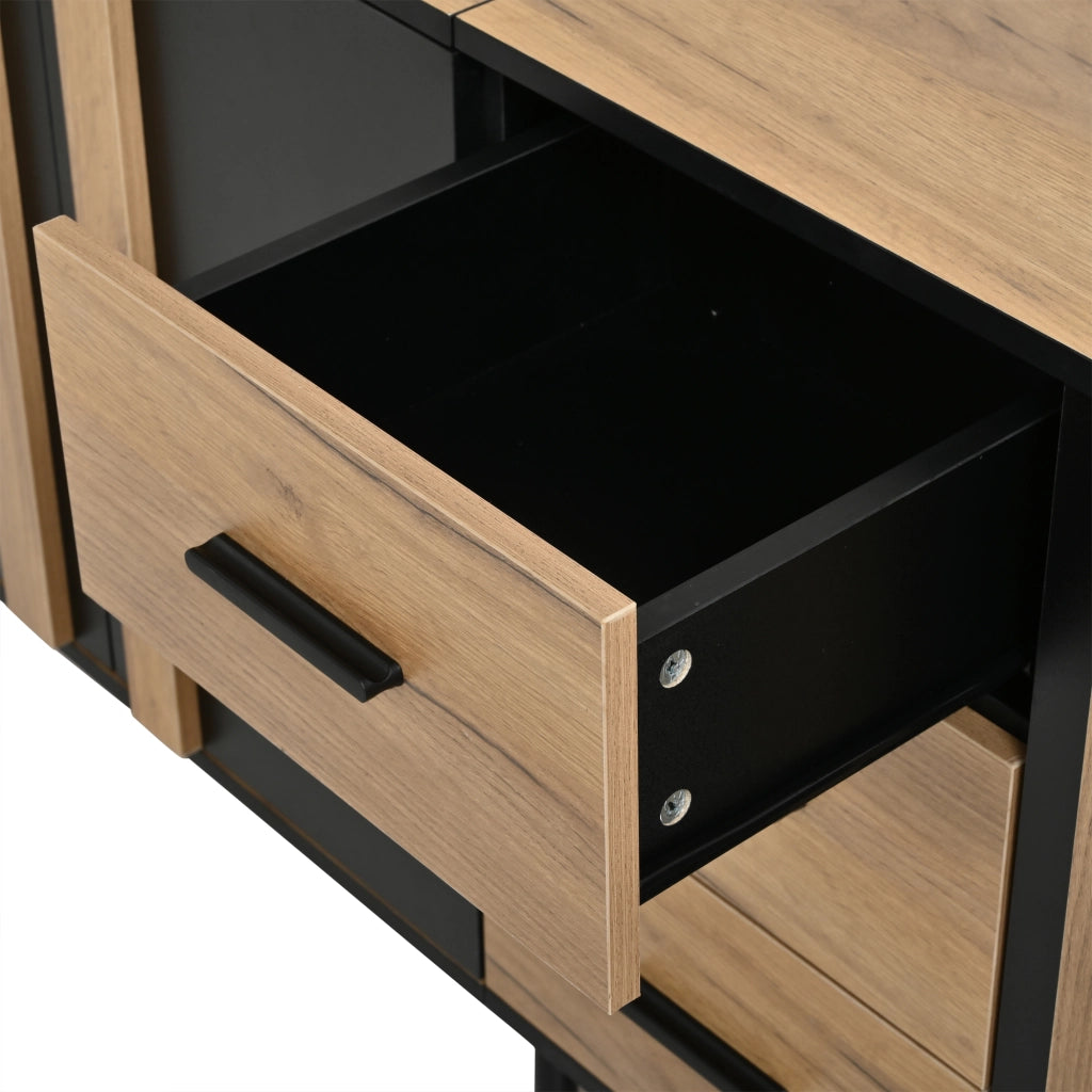 Credenza 140 × 35 × 70 cm con 3 ante e 3 cassetti in MDF nero e effetto legno con 6 gambe in metallo moderne