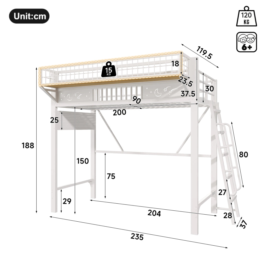 Letto a soppalco in metallo 90x200 cm con ripiani e vano aperto, senza materasso, bianco