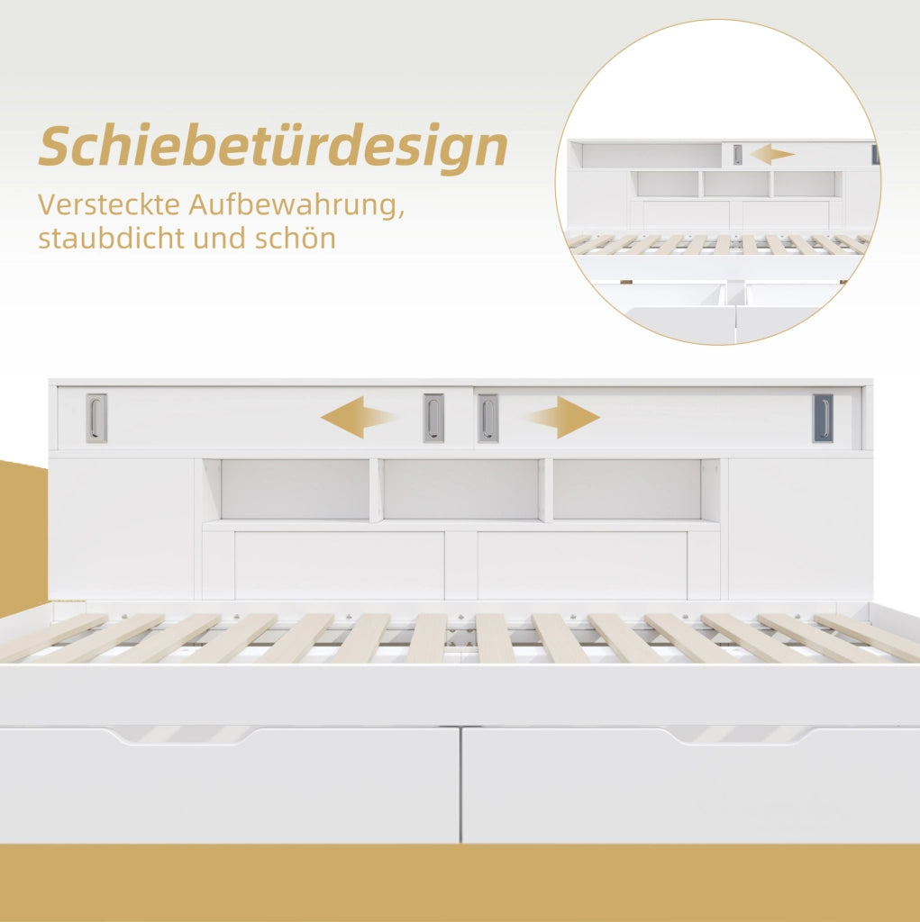 Letto singolo multifunzione 90 × 190 cm con 2 cassetti e armadietti; MDF bianco