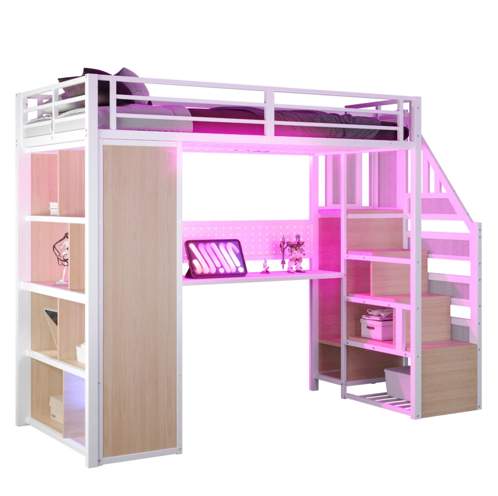 Letto a soppalco in metallo 90x200 cm con armadio, scrivania e scaletta, bianco