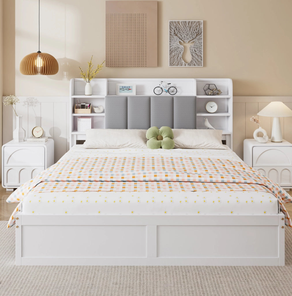 Letto matrimoniale ULEVR 160x200 cm con 3 cassetti su ruote, ripiani aperti e vano nella testiera, bianco