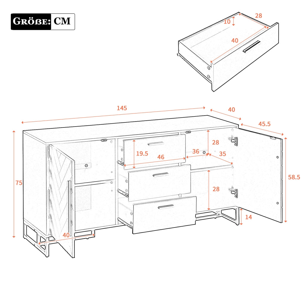 Credenza con 2 ante e 3 cassetti in MDF bianco con ripiani regolabili e motivo a chevron