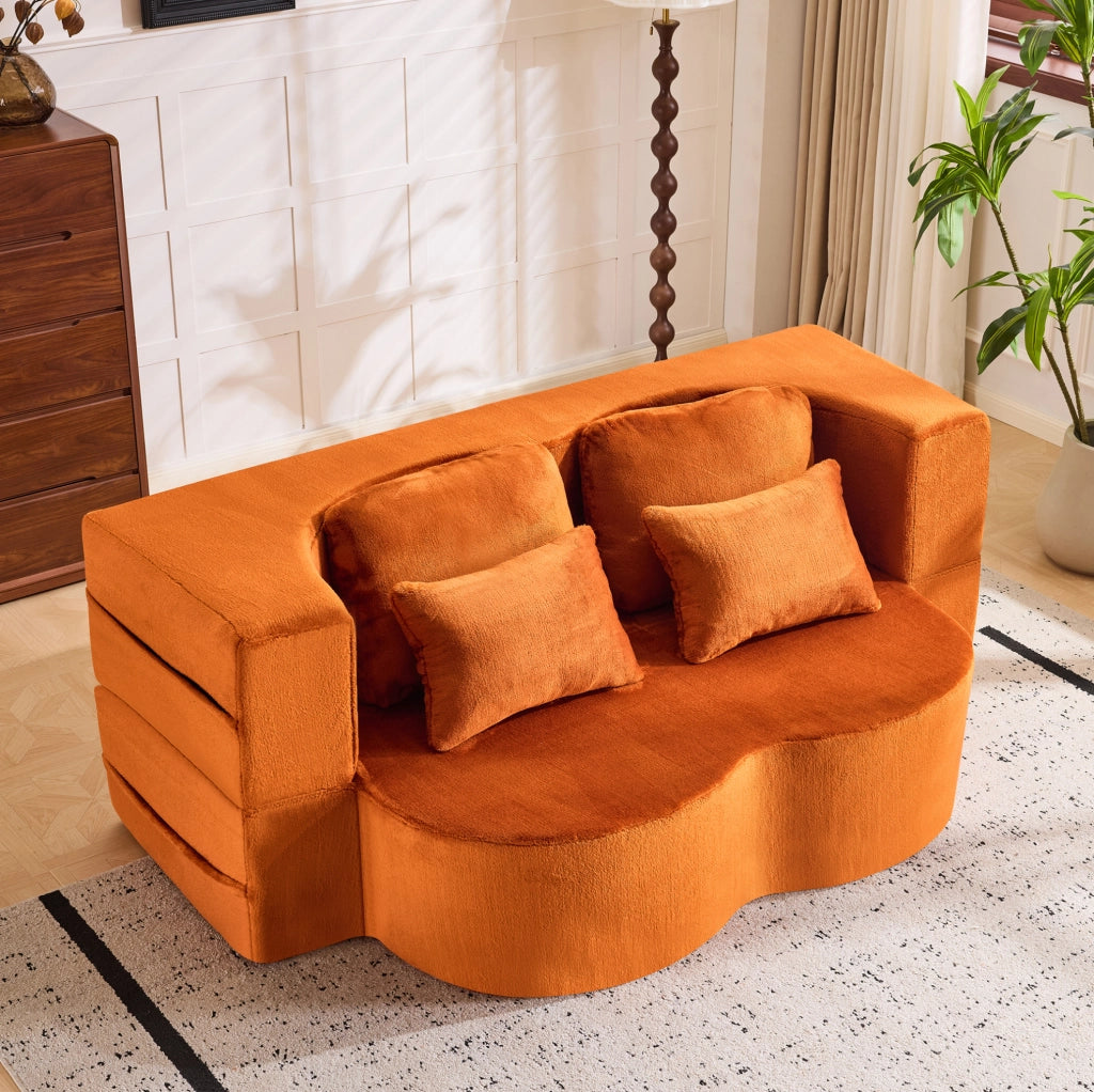 Divano letto da pavimento pieghevole in peluche arancione con schiuma e 4 cuscini