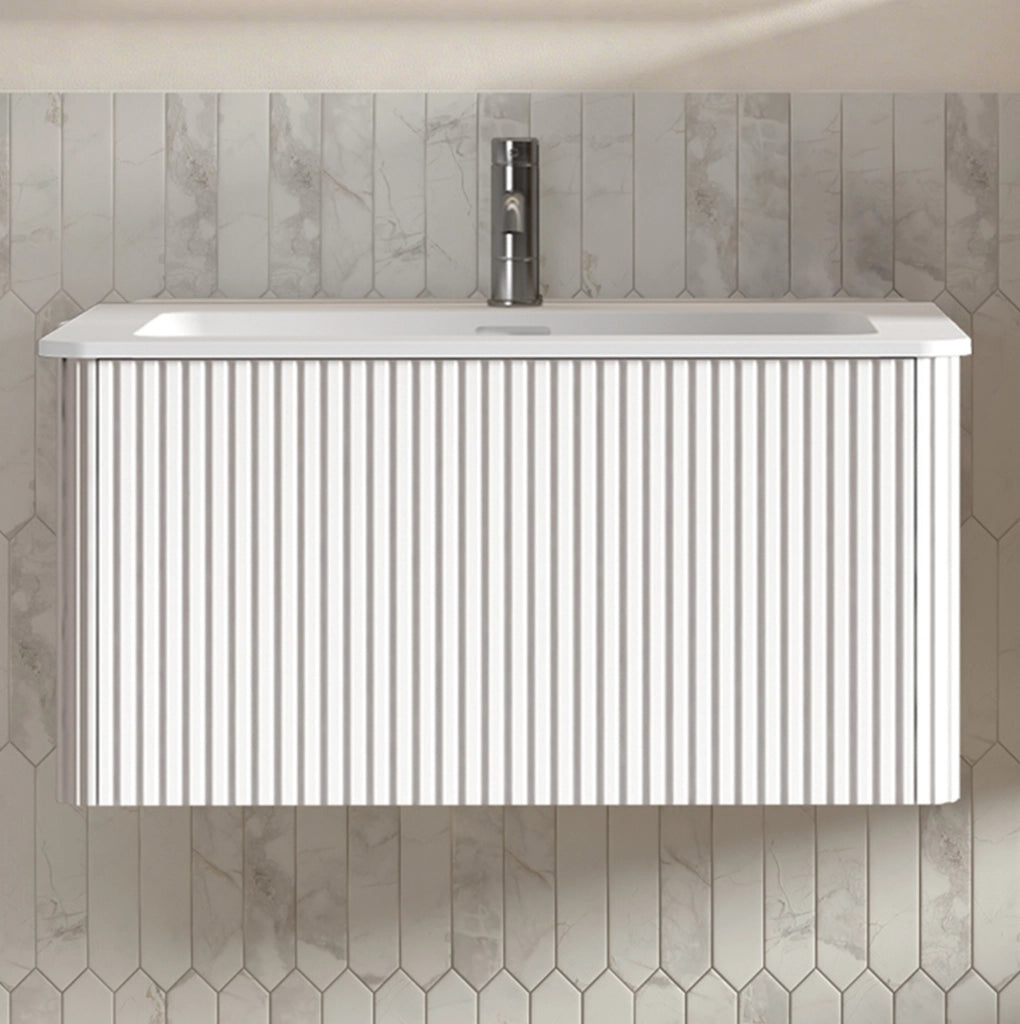 Mobile lavabo sospeso 81 cm bianco in MDF, lavabo in minerale composito, preassemblato