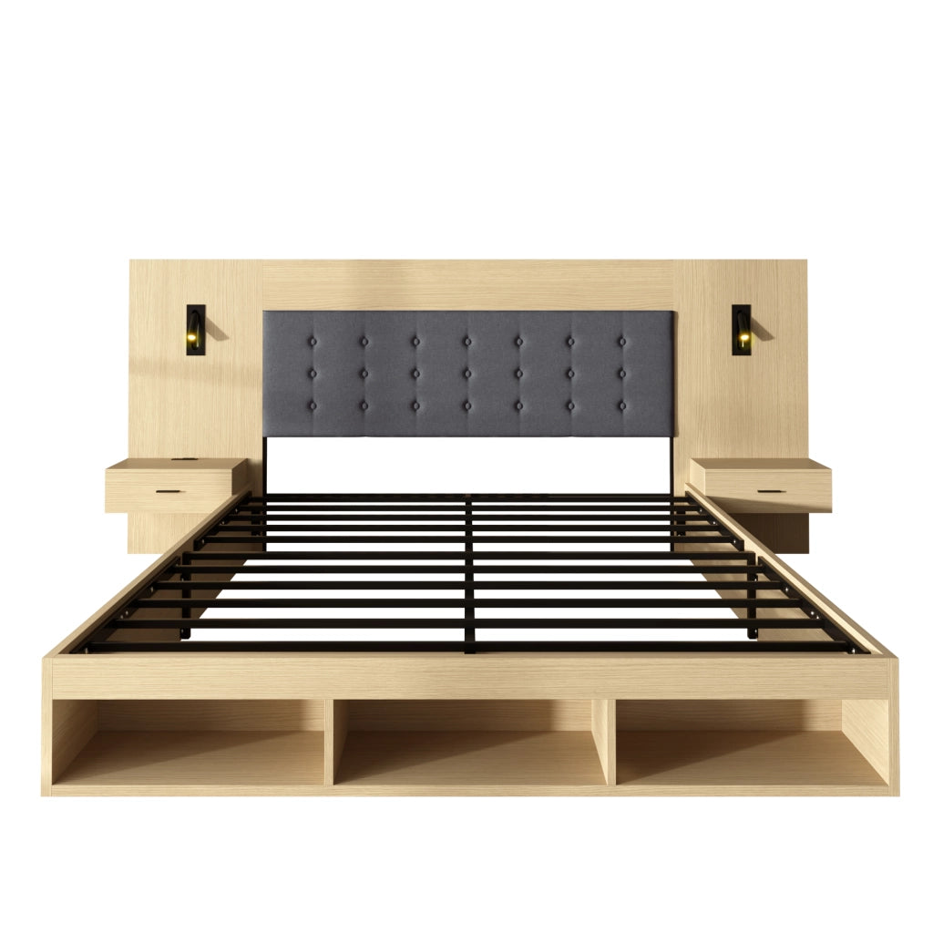 Letto matrimoniale 160 × 200 cm in MDF rovere chiaro con comodini USB Type C lampade e vani contenitore
