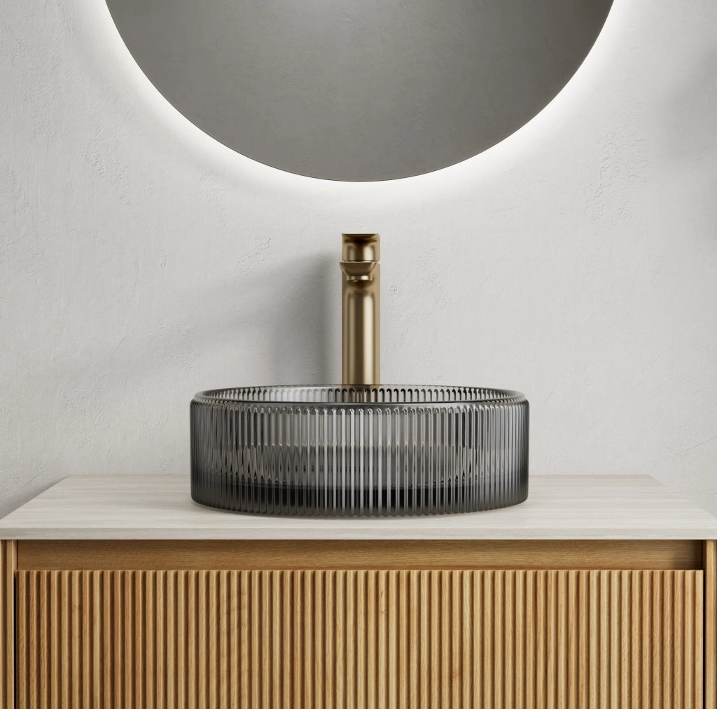Lavabo da appoggio rotondo in vetro cristallo nero trasparente a righe
