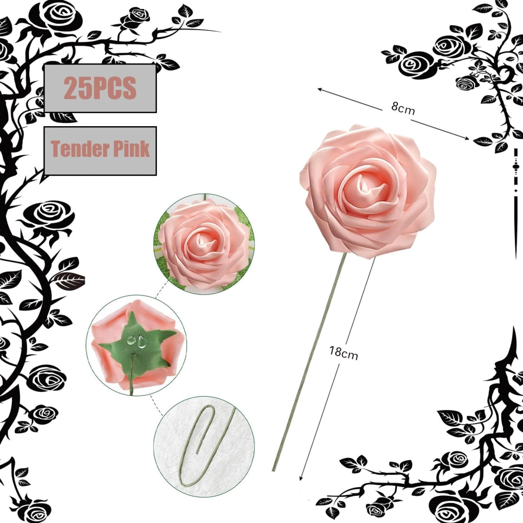 25 rose artificiali color rosa pallido, effetto "Real Touch", complete di stelo, confezione da 4 pezzi