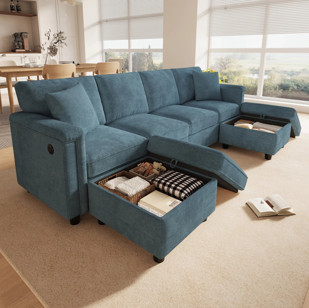Divano modulare blu in ciniglia con due pouf contenitori