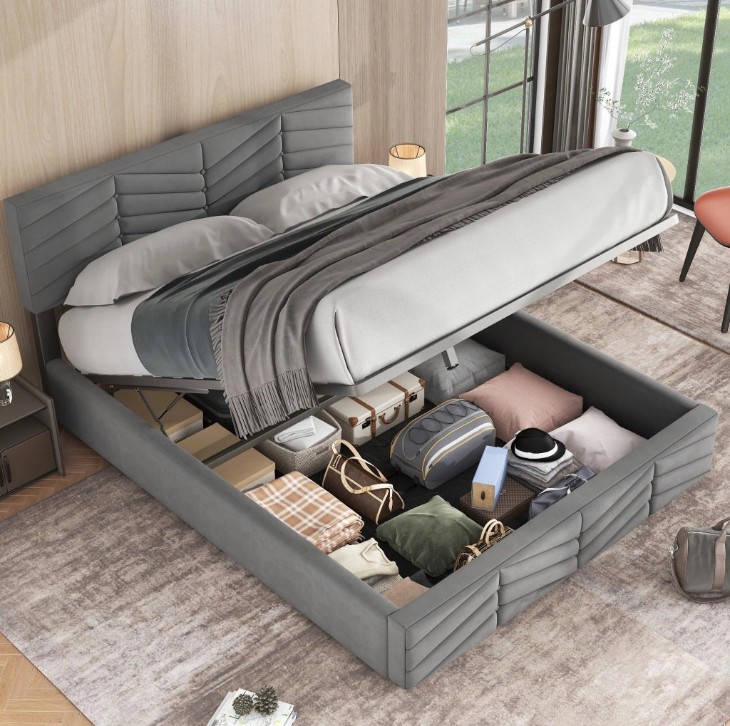 Letto matrimoniale imbottito con contenitore, testiera regolabile in altezza, velluto grigio, 140 x 190 cm