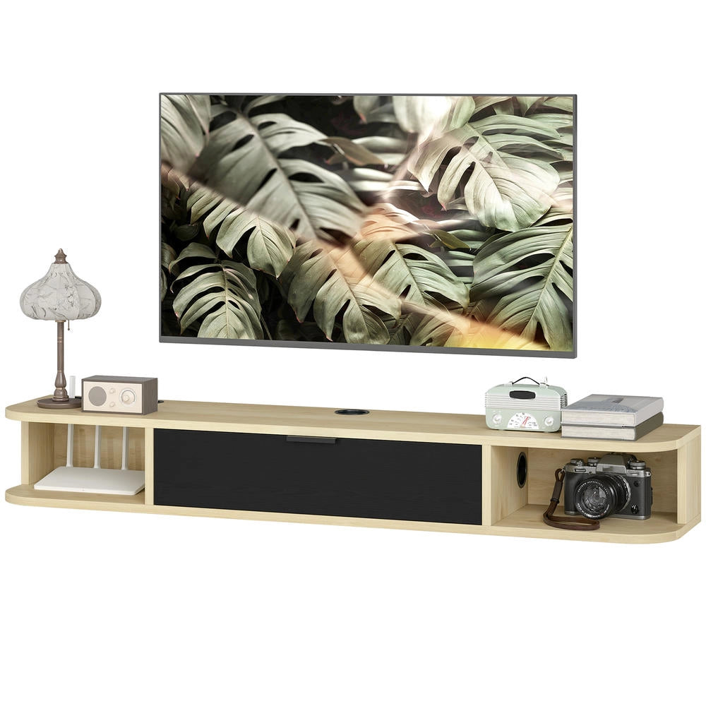 Mobile TV sospeso a parete nero per TV fino a 50 pollici, mobile porta TV salvaspazio con cassetto a ribalta e 2 ripiani, 120x24x16cm