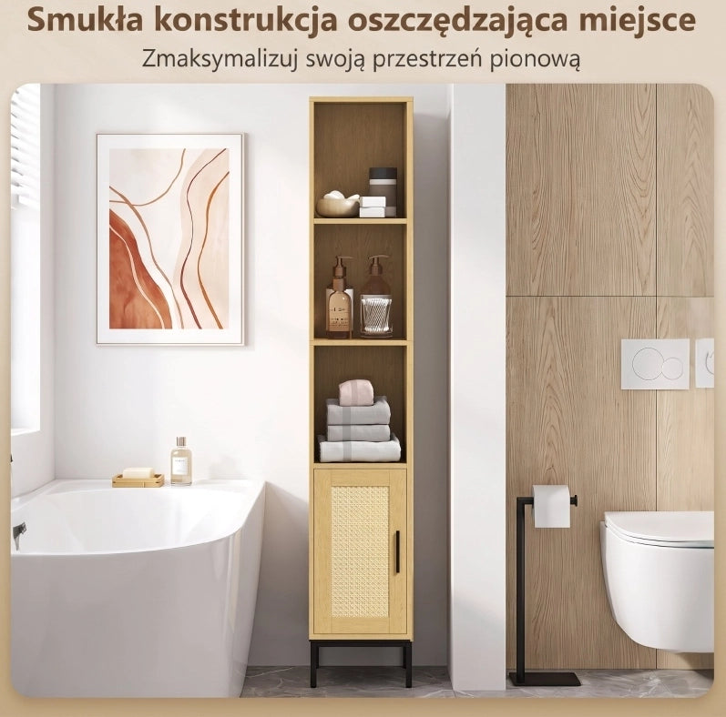 Mobile bagno alto e stretto effetto legno naturale e rattan