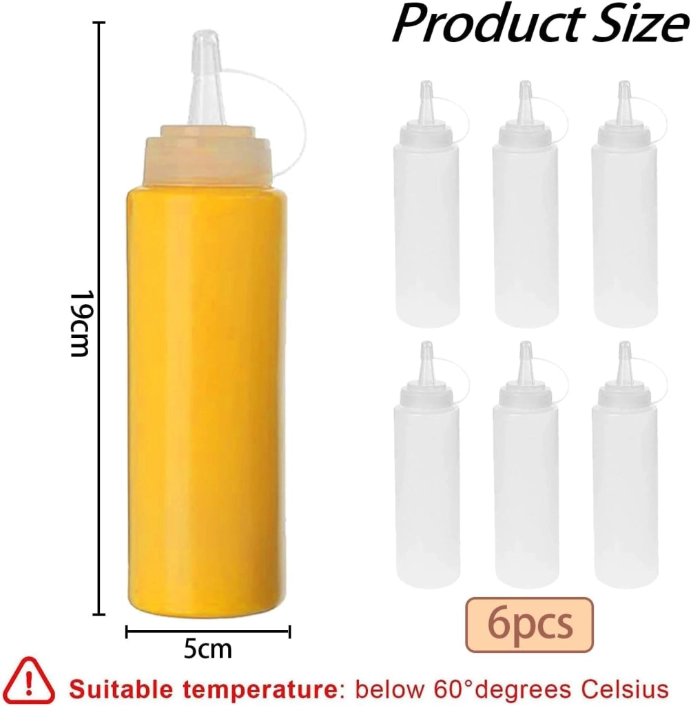 Set di 6 flaconi da 240 ml in plastica PET/PP, ideali per salse