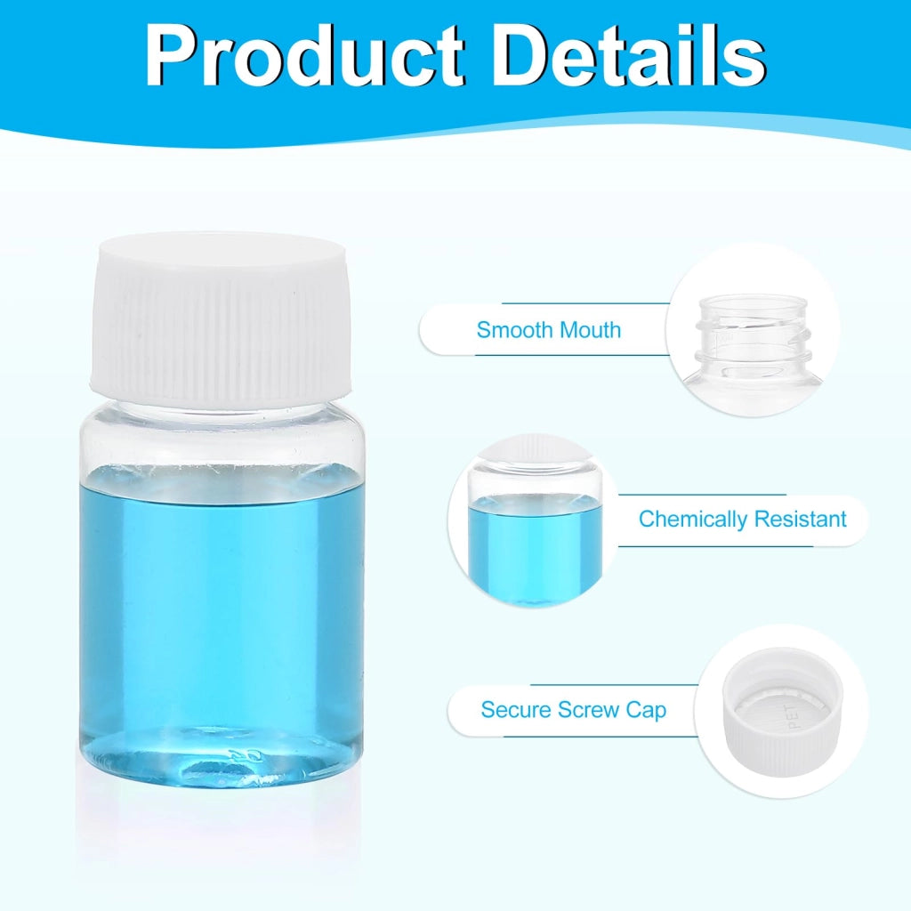 5 flaconi da 20 ml per reagenti PET, forma rotonda, trasparenti