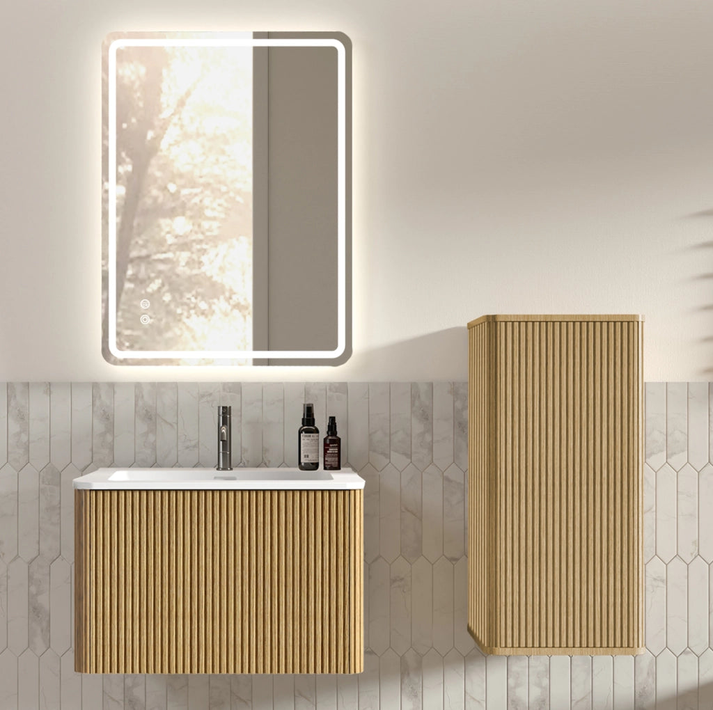 Mobile bagno 60 cm con specchio LED, lavabo e colonna, finitura quercia