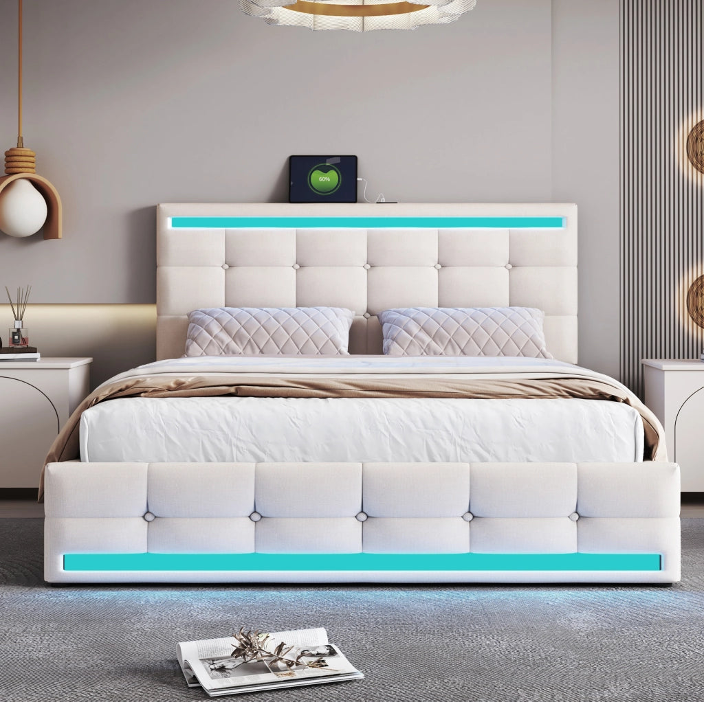 Letto matrimoniale 140x200 cm con contenitore idraulico; LED e 2 porte USB; beige