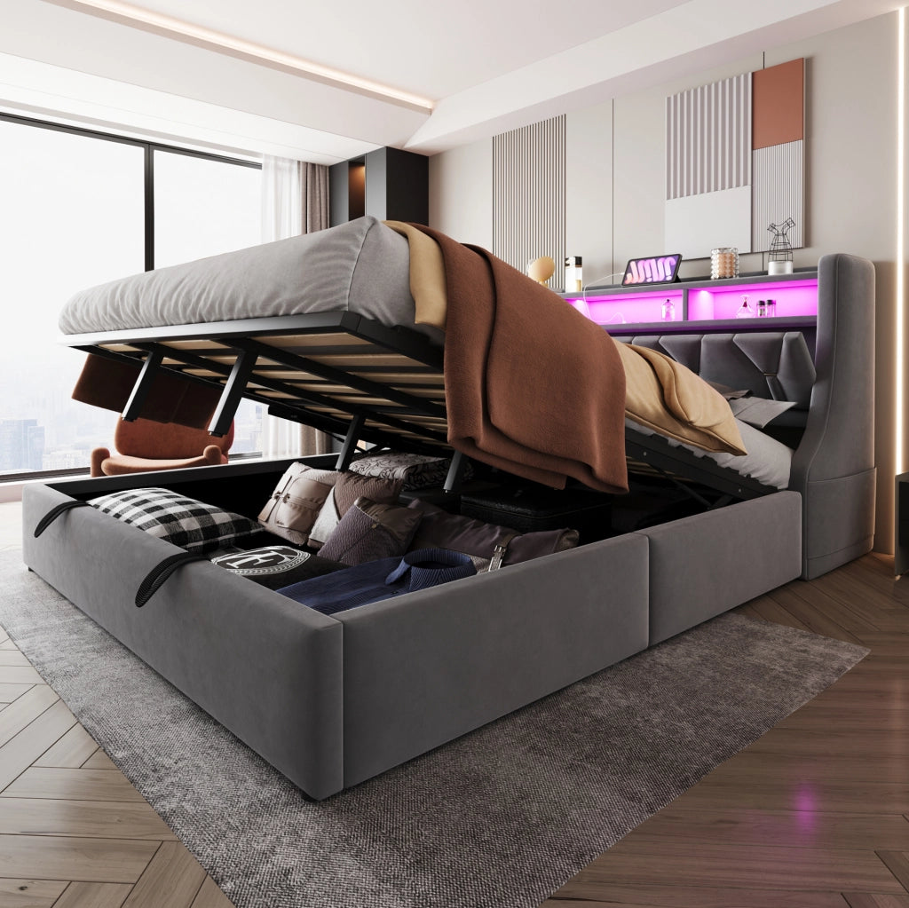 Letto matrimoniale 180x200 cm con contenitore idraulico; LED e prese USB-C; grigio