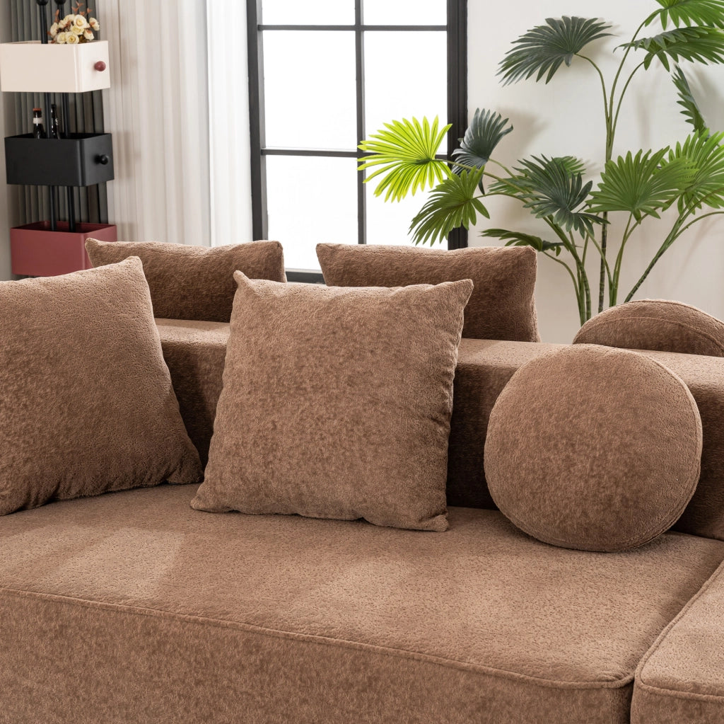 Divano modulare convertibile 263x171x66 cm in ciniglia marrone senza montaggio