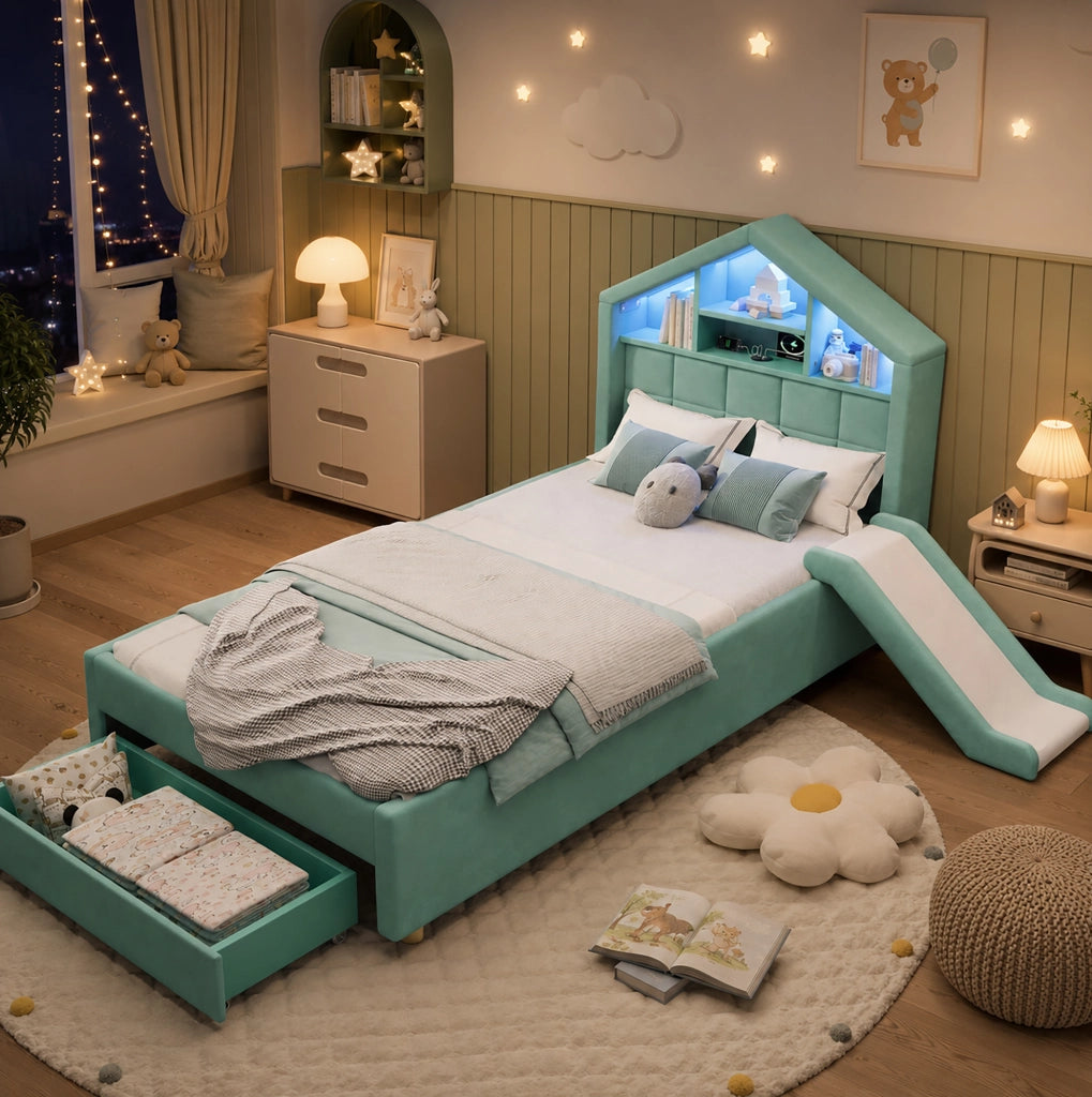 Letto per bambini 90x200 cm blu-verde con scivolo, LED e cassetto