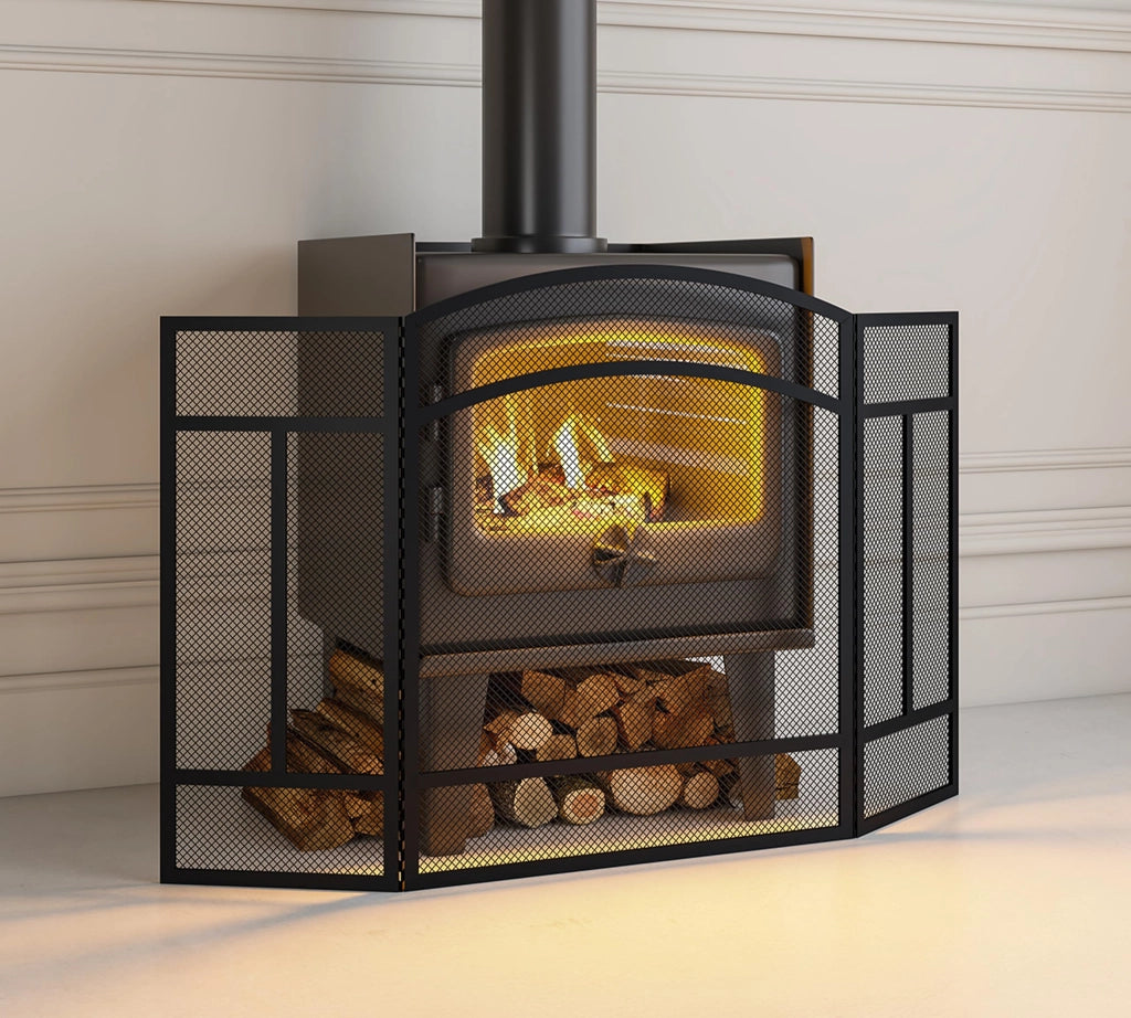 Cornice per caminetto con 3 pannelli, 96,5 x 61 cm, nera, con cerniera a battente