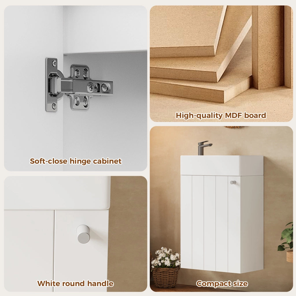 Mobile lavabo sospeso 41 × 23 × 62,5 cm in ceramica e MDF bianco con anta soft close salvaspazio per bagno