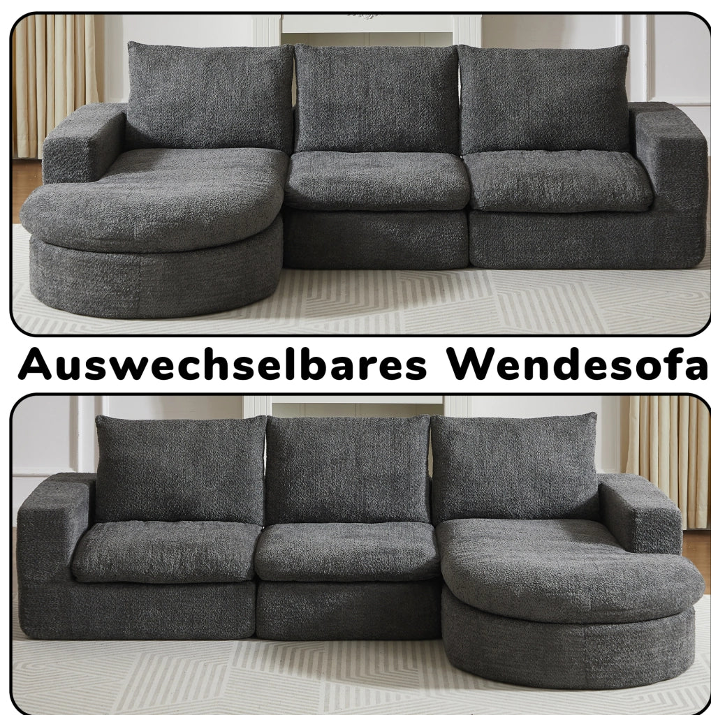 Divano modulare in ciniglia grigio con chaise longue reversibile