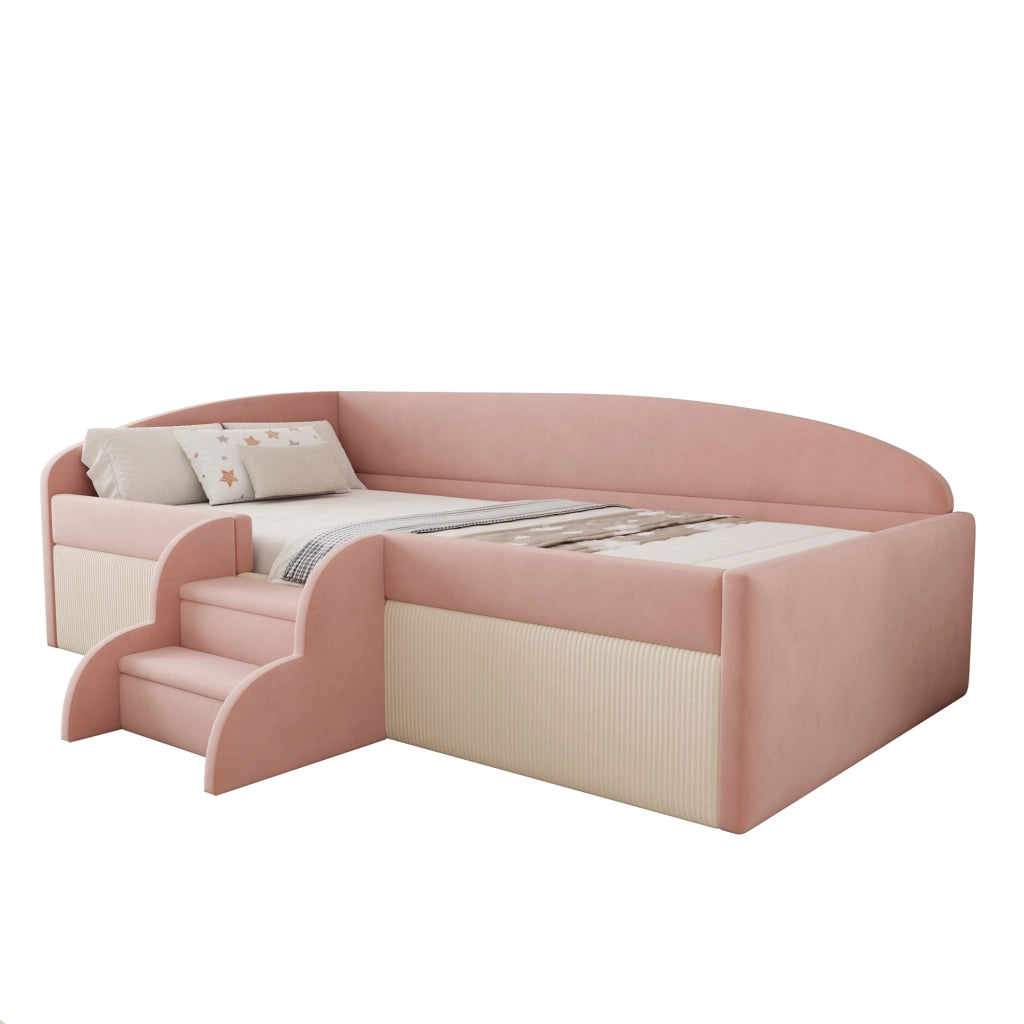 Letto per bambini imbottito 90 × 190 cm con rete a doghe in velluto rosa e bianco con scale e sponde laterali