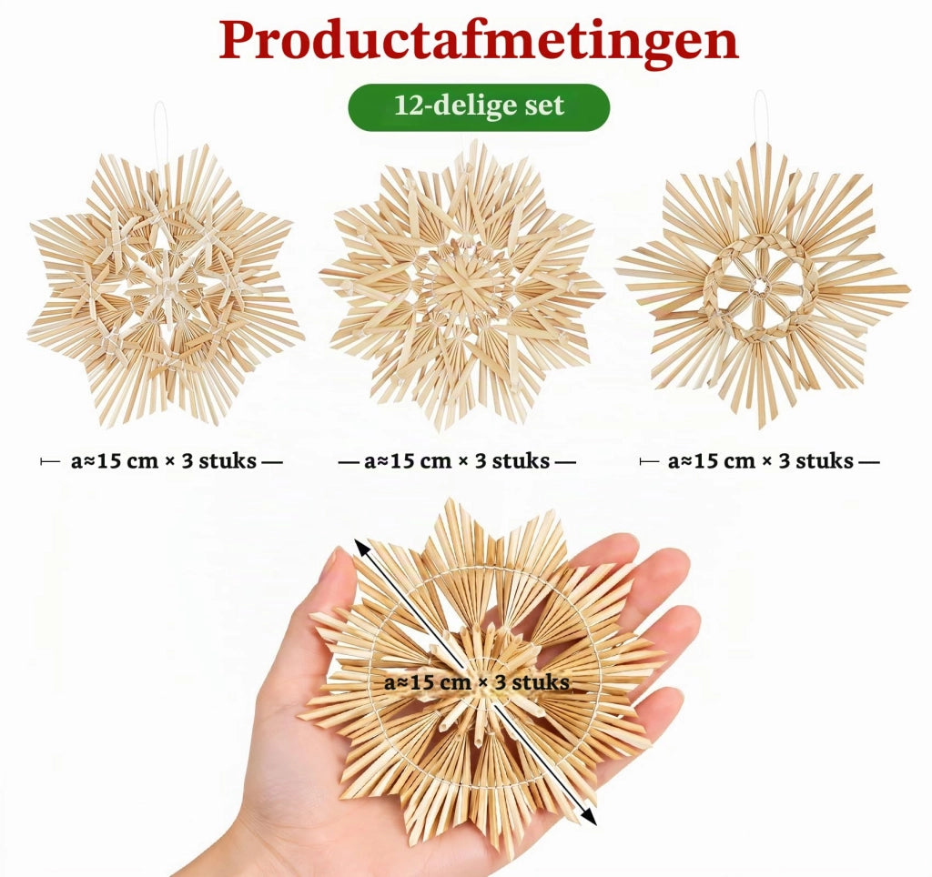 Set di 12 stelle di paglia, diametro 15 cm, colore naturale – decorazioni per l'albero di Natale