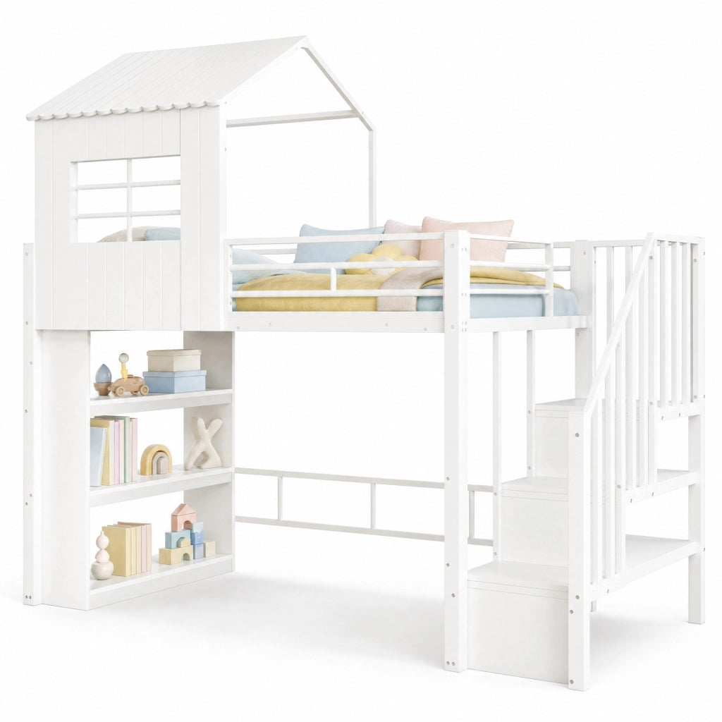 Letti a soppalco per bambini 90x200 cm; con scala contenitore reversibile e scaffale; in MDF e metallo; bianco; senza materasso