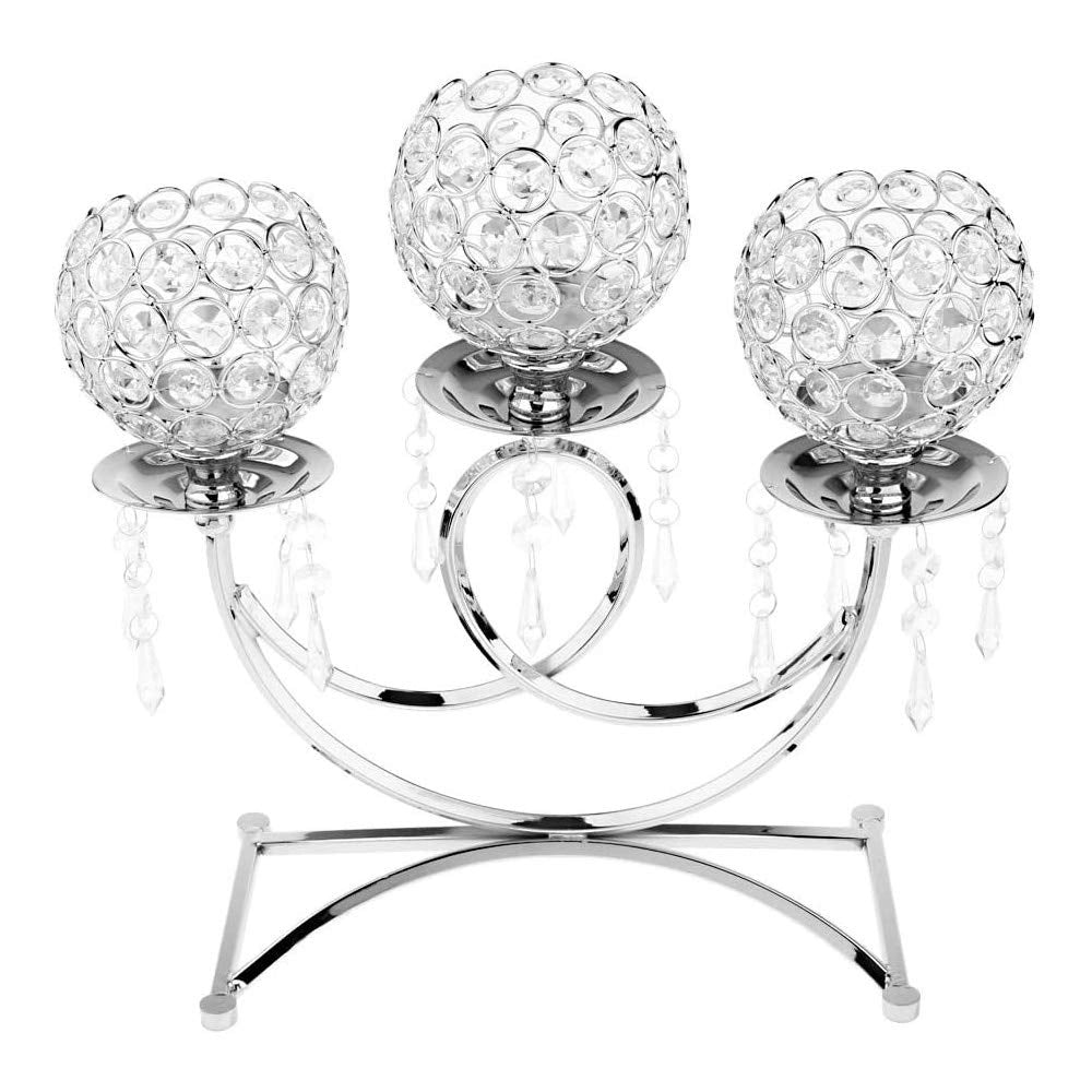 Candeliere a tre bracci, in cristallo e metallo, altezza 36 cm, color argento, per candele votive