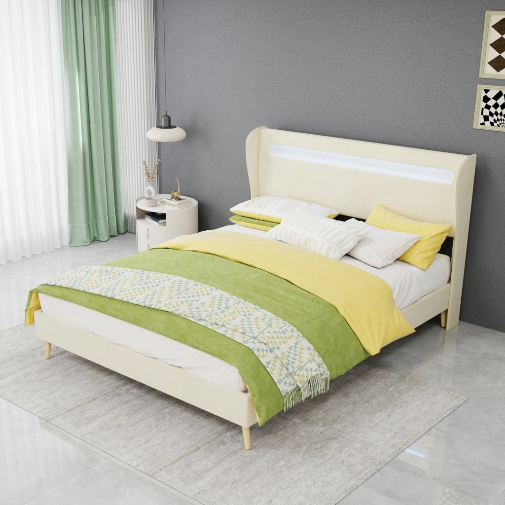 Letto imbottito 140x200 cm beige con testiera retroilluminata