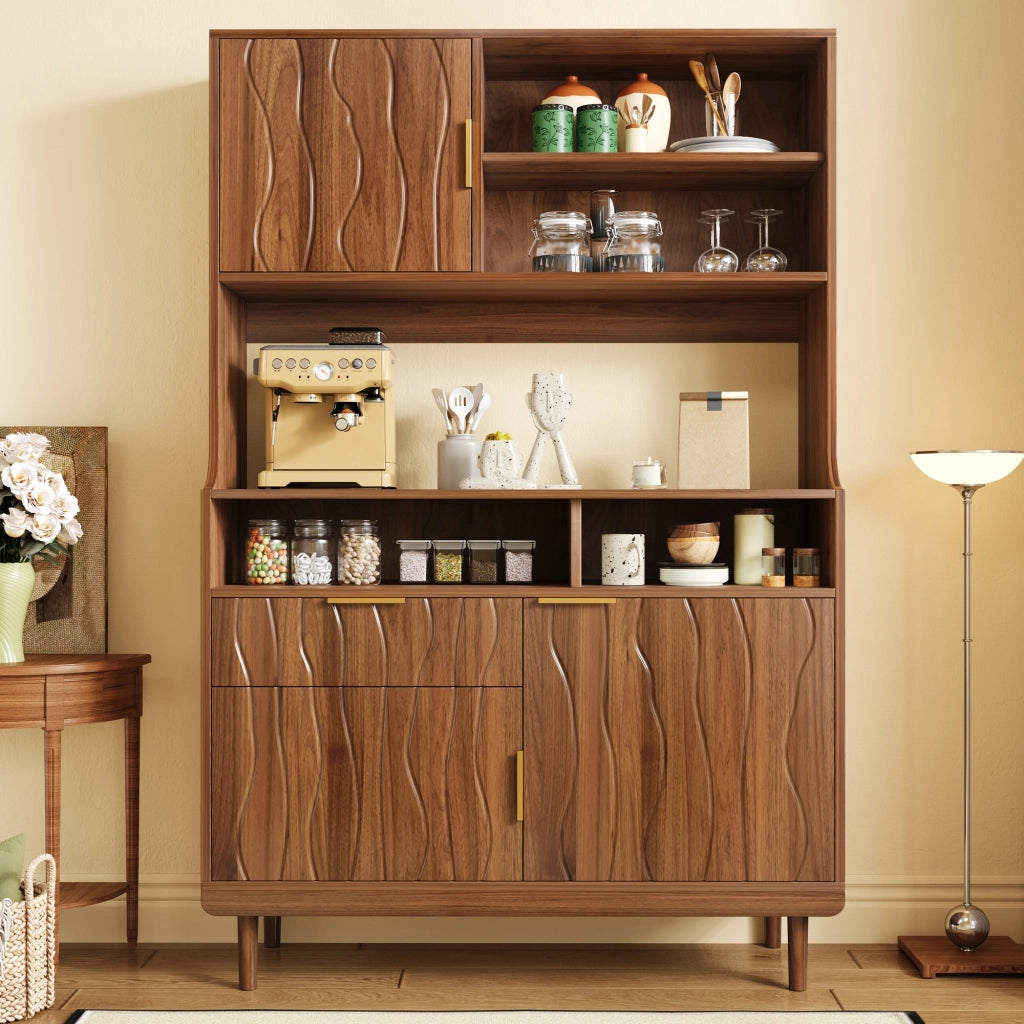 Mobile contenitore alto 100 × 32 × 170 cm con cassetto ante e ripiani aperti in MDF e pannello di particelle noce