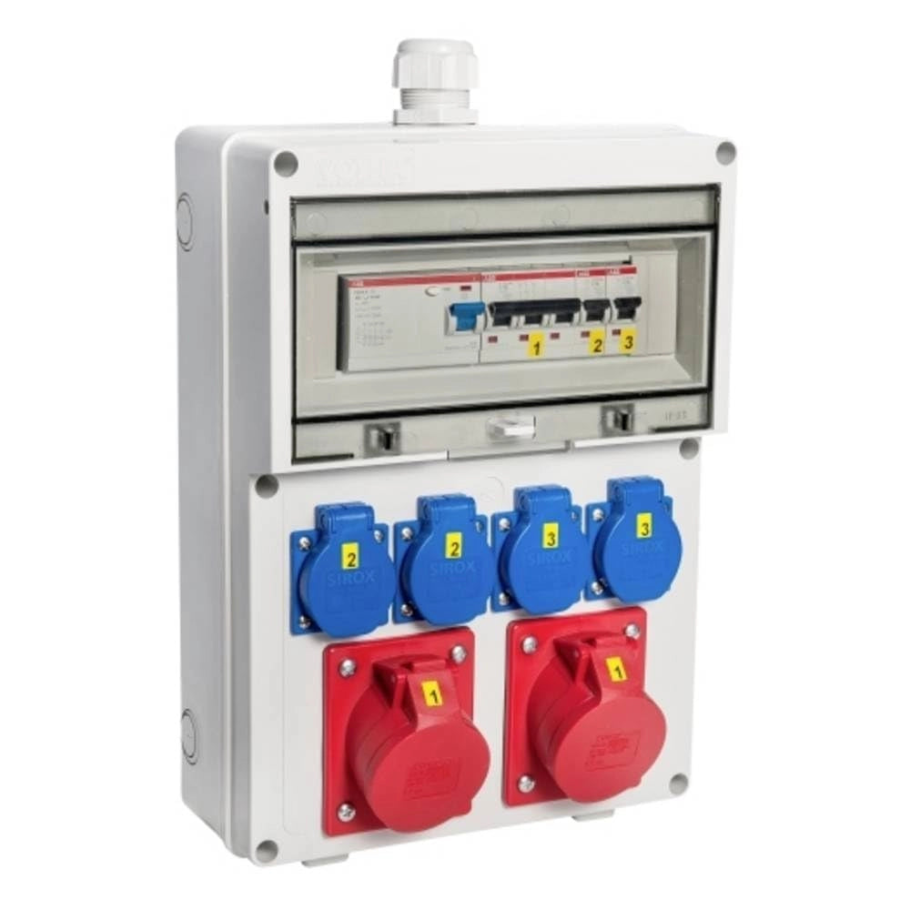 Quadro di distribuzione a parete "Würzburg" con interruttore differenziale, prese 230 V~ 4, CEE 16 A 400 V~ 2, CEE 32 A 400 V~, senza LS 16 A 1-polo C 2, LS 16 A 3-poli C 1, LS 32 A 3-poli C, grigio, plastica