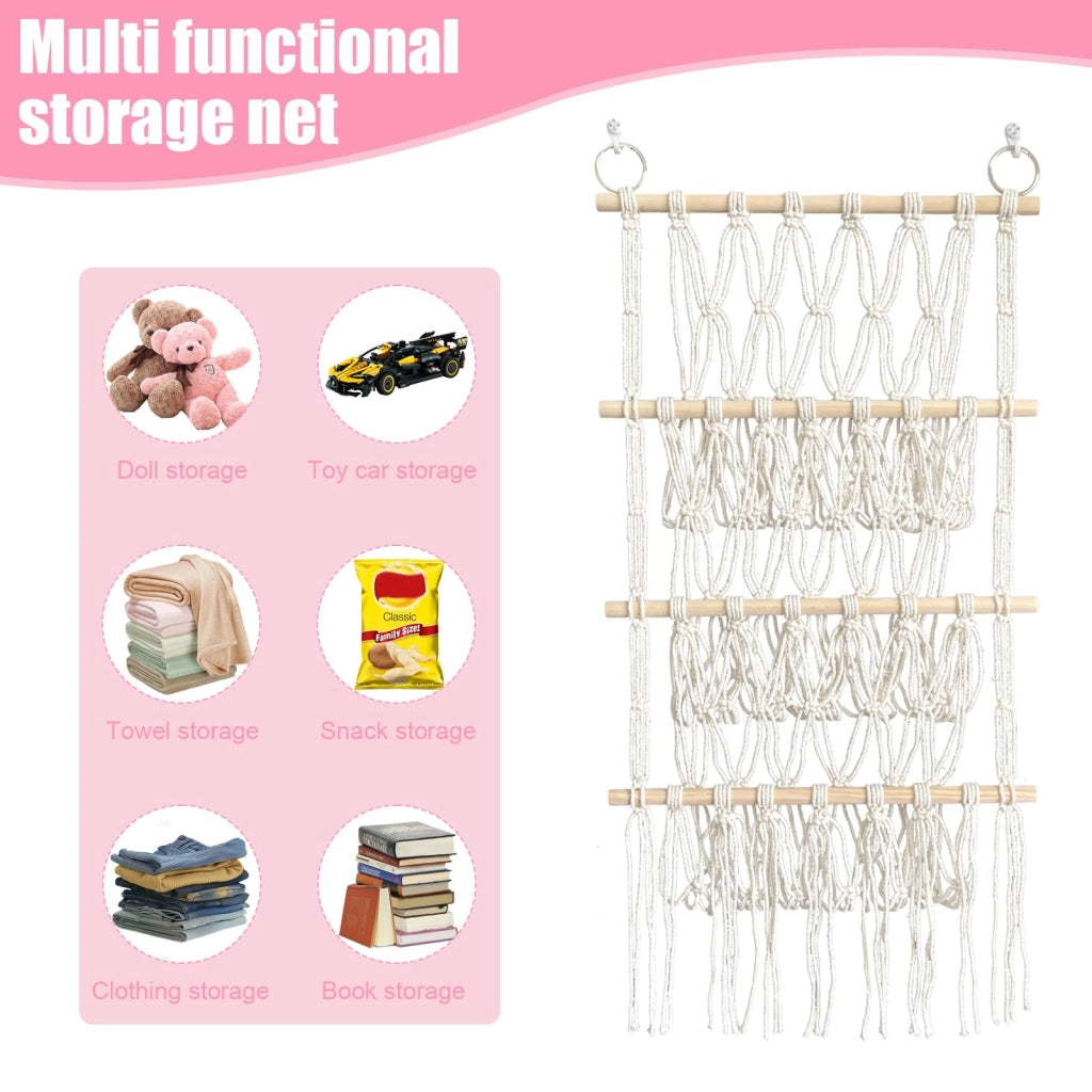 Rete portaoggetti larga 38 cm, a 4 strati, realizzata in macramè, con ganci e fermagli