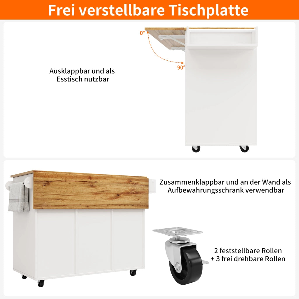 Isola da cucina con piano pieghevole ruote e armadio a due ante in MDF bianco con cassetto e ripiani regolabili