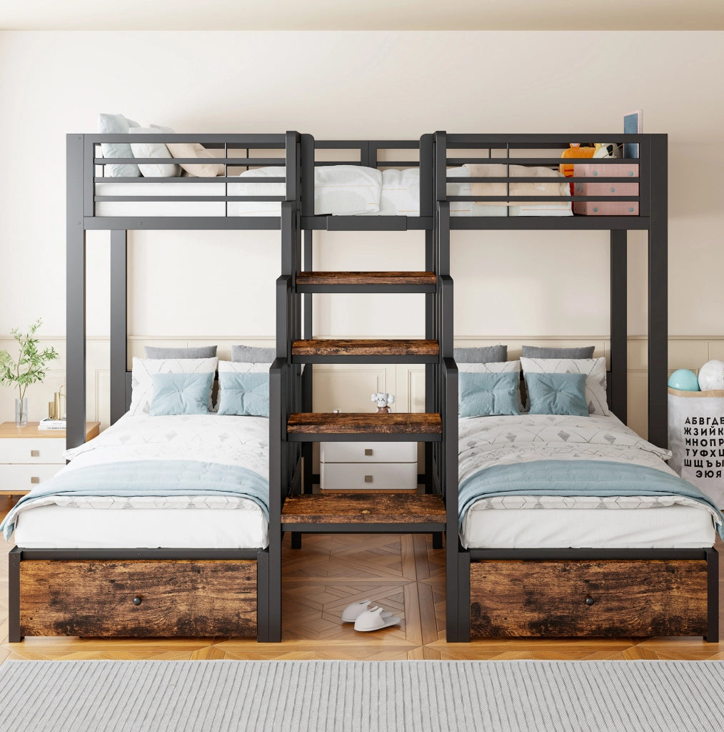 Letto a castello triplo 90 x 200 cm in metallo e legno nero con scala e 2 cassetti