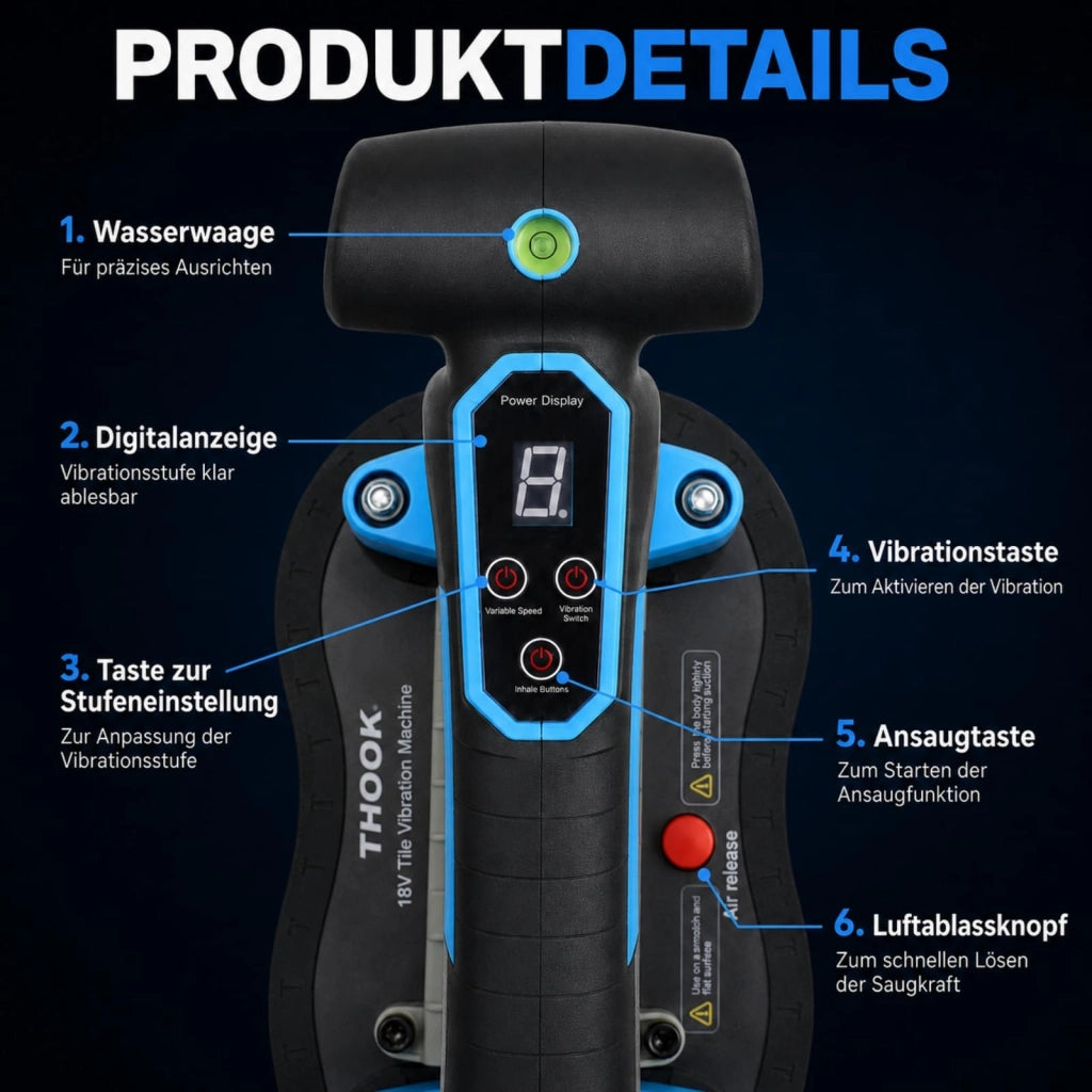 Vibratore per piastrelle a batteria 2-in-1, con ventosa, 9 livelli di vibrazione, capacità di carico 400 kg