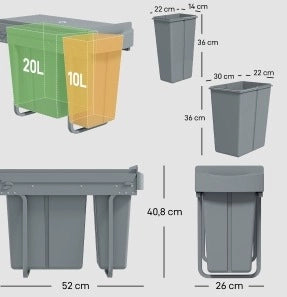 Pattumiera estraibile IVMEU da 30 L per mobile cucina, 2 secchi rimovibili da 20 e 10 L, struttura in metallo grigio