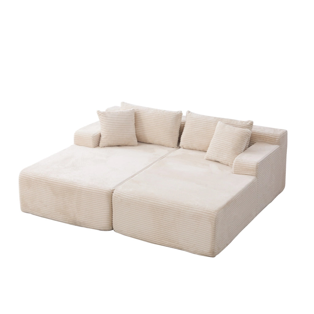 Divano con chaise longue e cuscino; pronto all'uso; imbottitura a rapido recupero; in ciniglia color avorio