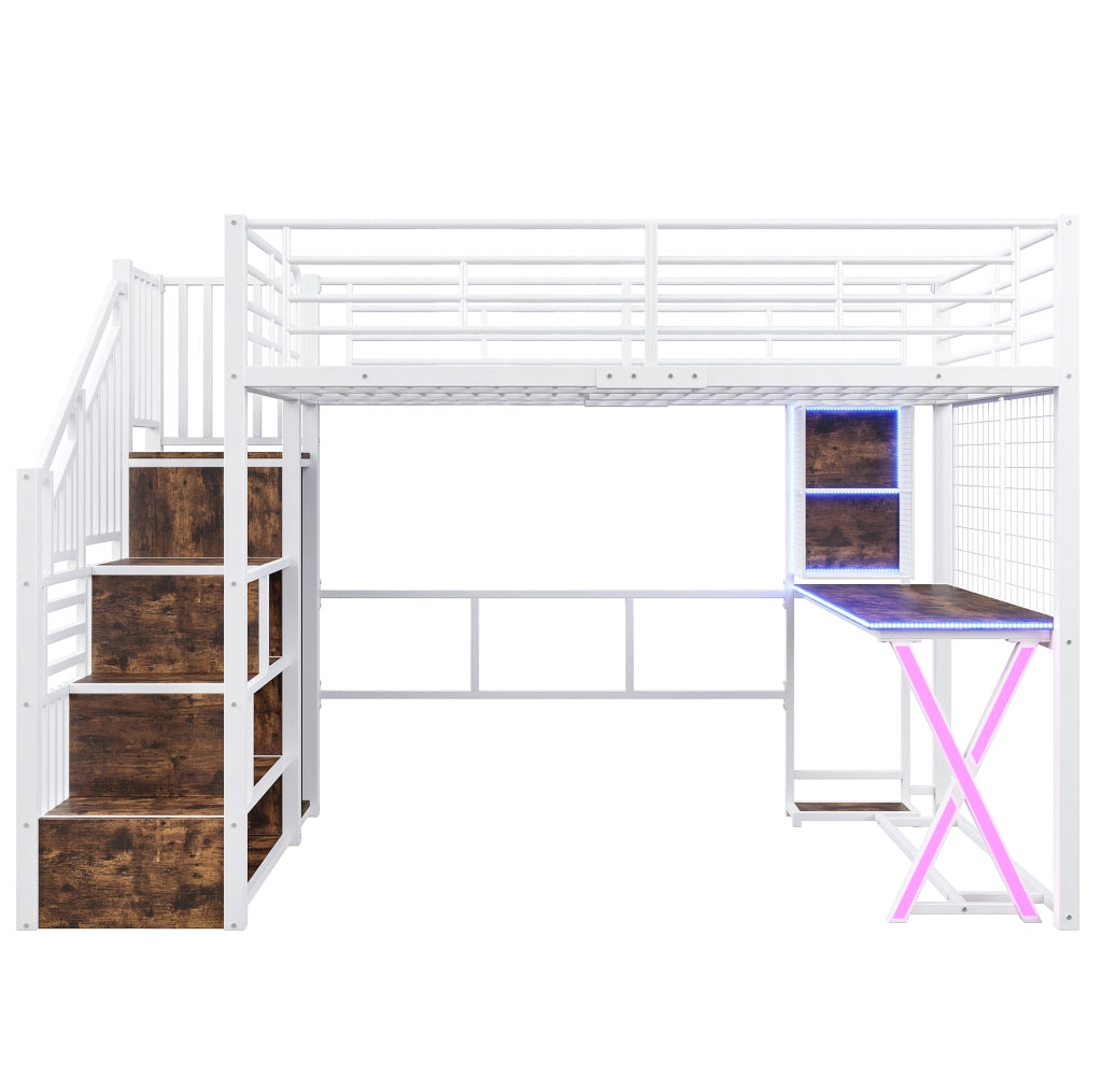 Letto a soppalco 140x200 cm con scrivania, scala, armadio e LED in metallo bianco, senza materasso